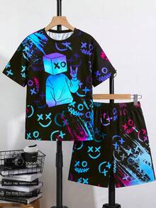 SHEIN 2件組青少年男孩休閒視覺螢光卡通圖案圓領短袖短褲套裝，適合春夏季，日常穿著、運動、外出、上學、派對、節慶、拍照 - 彩色 - 查看 4
