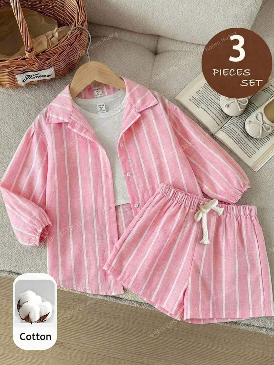 LMoss Kids Young Girl Woven Striped Casual Shirt + Camisole + Shorts 3 Pieces Set - Multicolor - View 1