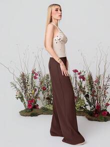 PRISCILA ESCOTO PRISCILA ESCOTO Tie Backless Sequin Knit Top, Sequin Embroidery Halter Top ,All Season, Y2K Top, Autumn Women's Clothing Winter Chic Spring Casual - Apricot - View 5