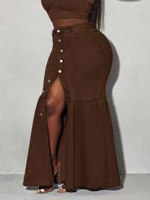 Slaydiva Plus Size Front Button Fishtail Extra Long Denim Skirt - Mocha Brown - View 5