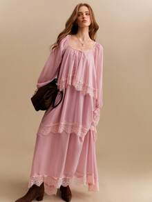 CielaLinda Women's Lace Trim Ribbon Chiffon Maxi Dress, Long Sleeve Flowy Dress, Romantic Boho Dress - Pink - View 6