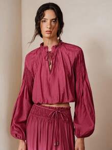Frievida European & American Style Spring/Summer New Fashion Versatile Elegant Commute Pleated Sleeve Elastic Cuffs Heavy Workmanship Special Fabric Long Sleeve Shirt - Hot Pink - View 1