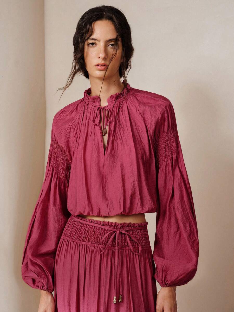 Frievida European & American Style Spring/Summer New Fashion Versatile Elegant Commute Pleated Sleeve Elastic Cuffs Heavy Workmanship Special Fabric Long Sleeve Shirt - Hot Pink - View 1