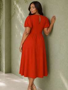 ELLERISSA Plus Size Red Scoop Neck Puff Sleeve Textured A-Line Midi Dress - Burnt Orange - View 2