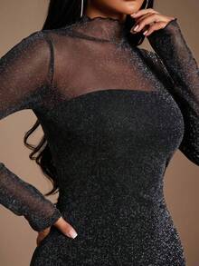 Radiana Women's Sexy Elegant Graceful Black Flocked Jacquard Mesh Dress, Long Sleeve Fitted Dress, High Neck Dress, Sheer Dress, Long Dress, Suitable For Date, Party, Cocktail, Club, Garden Afternoon Tea, Casual Outing - Black - View 7