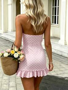 Cévolie Bandeau Polka Dot Print Front Button Decor Ruffle Hem Patchwork Fitted Women's Mini Dress - Pink - View 2