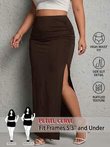SHEIN PETITE CURVE Plus Size Women Solid Color Pleated Side Slit Hem Casual Sexy Skirt Autumn Going Out Night Brown - Coffee Brown - View 1