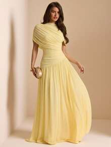 SHEIN Tall CURVE Plus Size Elegant Party Solid Color Ruched Dress - Light Yellow - View 4