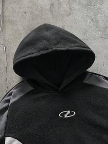 AXEPEAK 男士針織時尚日常年輕休閒度假拼色拼接運動學院風寬鬆長袖連帽衫 - 黑與白 - 查看 4