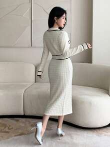Feyla Women's Elegant Contrast Trim Fitted Knit Dress, Autumn/Winter - Apricot - View 6