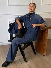 DAZY Women's Collared Shirt And Long Pants Casual Denim Set Fall - Medium Wash - View 6