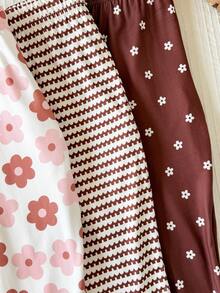 SHEIN Playful Pals 3件組幼童女童內搭褲褲子 可愛棕色粉色白色花朵條紋荷葉邊 常規款 生日派對 秋季 公主風 甜美舒適 芭蕾復古風 - 彩色 - 查看 5