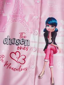 Miraculous Ladybug X SHEIN 女童荷叶边纽扣前开襟可爱印花夏季连衣裙 - 粉色 - 查看 5