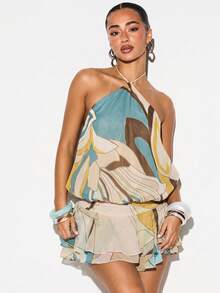 KIZN Halter Neck Abstract Print Mini Dress With Ruffled Hem For Summer Party - Brown - View 4