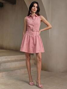 Anewsta Women's Summer Pink Dress, Fashionable Modern Structured Tank Top Collar Design With Belt, Denim Dress - Pink - View 7