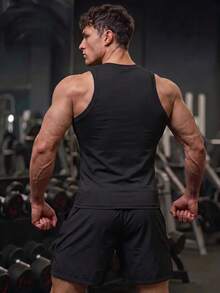 GymBeat 男士純色圓領無袖修身休閒透氣運動背心壓縮上衣，健身黑色 - 黑色 - 查看 2