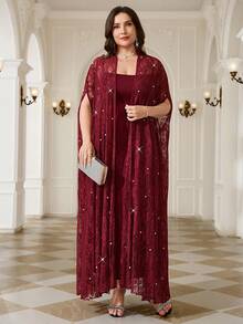 Reflora Conjunto de 2 piezas de vestido bata largo de encaje transparente con decoración de cuentas para tallas grandes - Rojo - Ver 7