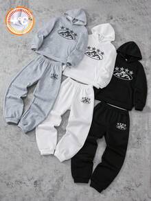 SHEIN 3套買3送3兒童青少年男孩休閒百搭星星圖案連帽衫與運動長褲套裝，黑色連帽衫、白色連帽衫、麻灰色連帽衫，百搭下裝，適合秋冬、學校、家庭聚會、度假、派對，秋季穿搭冬季穿搭 - 彩色 - 查看 3