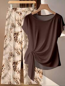 SHEIN LUNE Setelan 2 Potong Wanita: Celana Panjang Lurus Longgar dengan Pita dan Blus Polos dengan Motif Leopard - MultiWarna - View 2