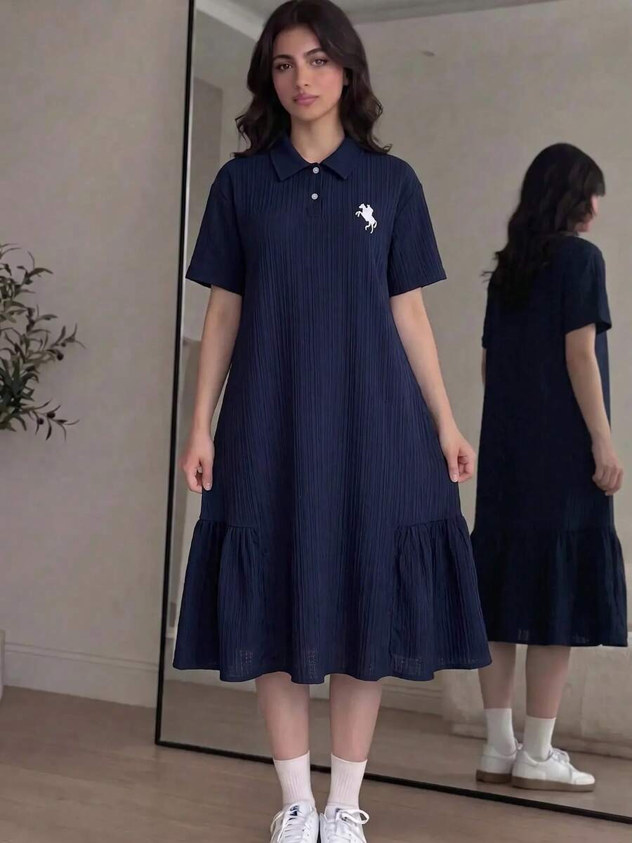 Teen Girl Polo Kids Striped Embroidered Pattern Short Sleeve Mid-Length Dress, Suitable For Teen Girl, Contrast Color Ruffle Collar Petal Sleeve Printed Dress, Suitable For School, Outdoor Activities, Shopping, Button Dress - Navy Blue - View 1