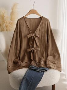 CosyJoli Plus Size Casual Lace-Up Ruffle Patchwork Textured Fabric V-Neck Long Sleeve Shirt Fall - Brown - View 3