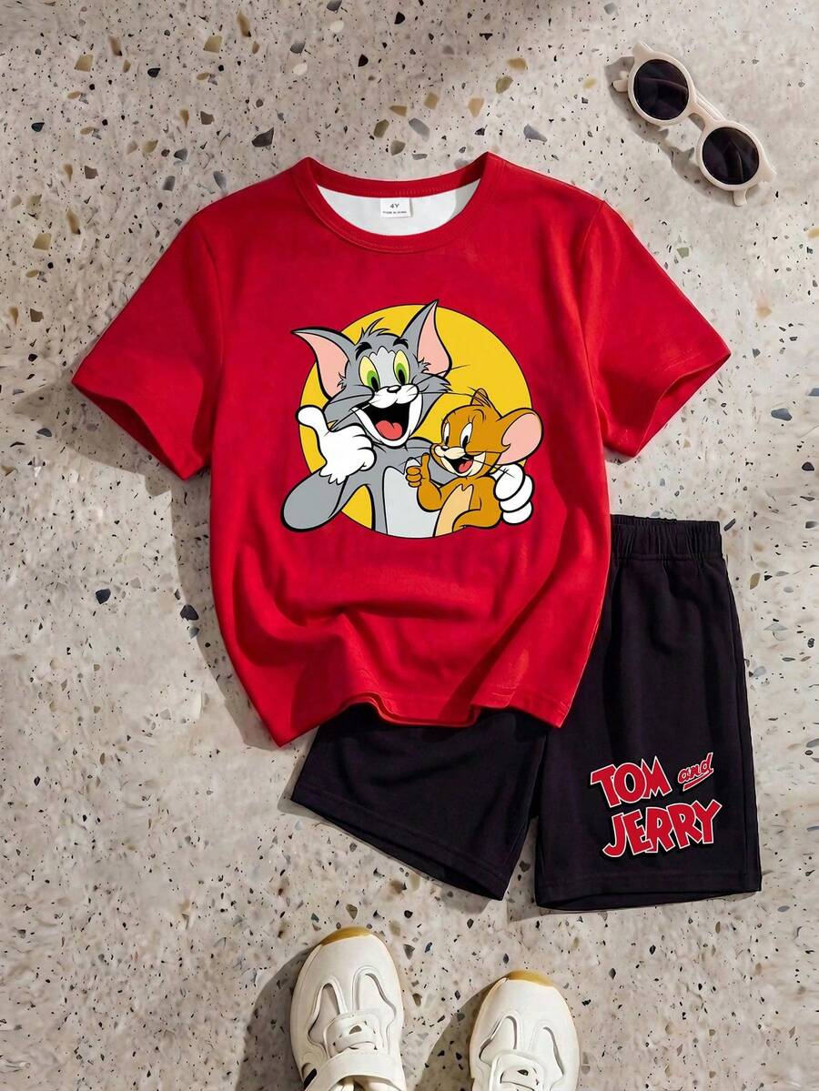 TOM & JERRY X SHEIN GraphicGems 男嬰兩件套可愛卡通角色 Taz 印花柔軟短袖 T 恤短褲套裝 夏季休閒街頭風 紅黑配色 - 紅色 - 查看 1