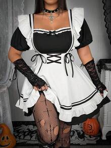 Whyspr Halloween Grunge Punk Plus Size Women's Lace-Up Design Cute Sweet Maid Dress - Black and White - View 1