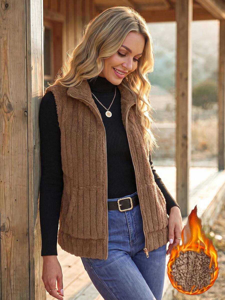 EMERY ROSE Women Casual Zip Up Stand Collar Vest, For Everyday Wear In Autumn And Winter - Brown - View 1