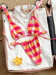 Swim Vcay Women's Plaid Print Triangle Cup Tie Halter Bow Sexy Tropical Bikini High Leg Two Pieces Swimwear Set Beach Party Pink Orange Summer - Multicolor - View 2