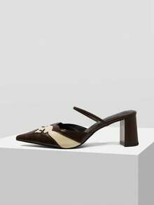 Mnmlis Spring And Summer Color Matching Design Pointed Tip Thin Heel Retro Style Empty High Heel Sandals Commuting Dating Fall Shoes - Brown - View 2