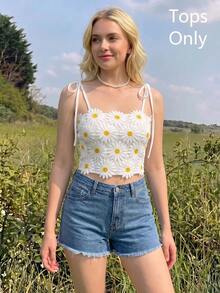 SHEIN MOD 女士夏季雛菊花鍊花網紗背心上衣 - 白色 - 查看 5