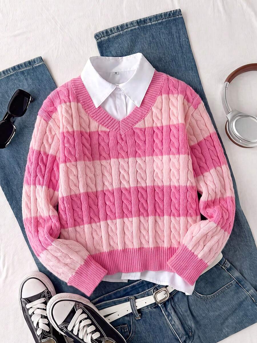 Girls' Striped Colorblock Cable Knit V-Neck Pullover Sweater, Suitable For Autumn/Winter And Outdoor Wear - Pink - View 1