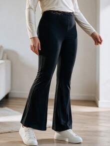 EMERY ROSE Women's Plus Size Lace Patchwork Waistband Leggings Black Fall Birthday Home High-Elastic Flared Trousers Formal Vacation Cargo Elegant - Black - View 6