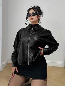 POPSWAY Plus Size Zip Up Solid PU Leather Collar Jacket, Long Sleeve, For Winter Fall Cloth For Women Autumn - Black - View 5