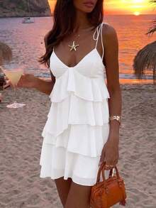 Aloruh Vestido mini de mujer de unicolor con volantes multicapa, espalda descubierta y tirantes finos para vacaciones y playa - Blanco - Ver 3
