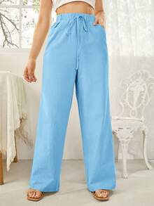 SHEIN Essnce Women's Casual Versatile Solid Color High Waist Long Pants - Mint Blue - View 4