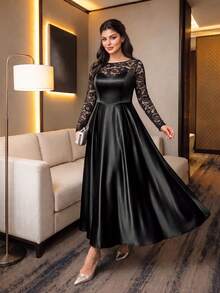 Auveirra Gaun Pesta Formal Koktail Hitam untuk Wanita Ukuran Besar dengan Hiasan Renda dan Patchwork, Elegan, Tradisional, dan Mengencangkan Pinggang, Warna Hitam untuk Musim Gugur/Musim Dingin - Hitam - View 3