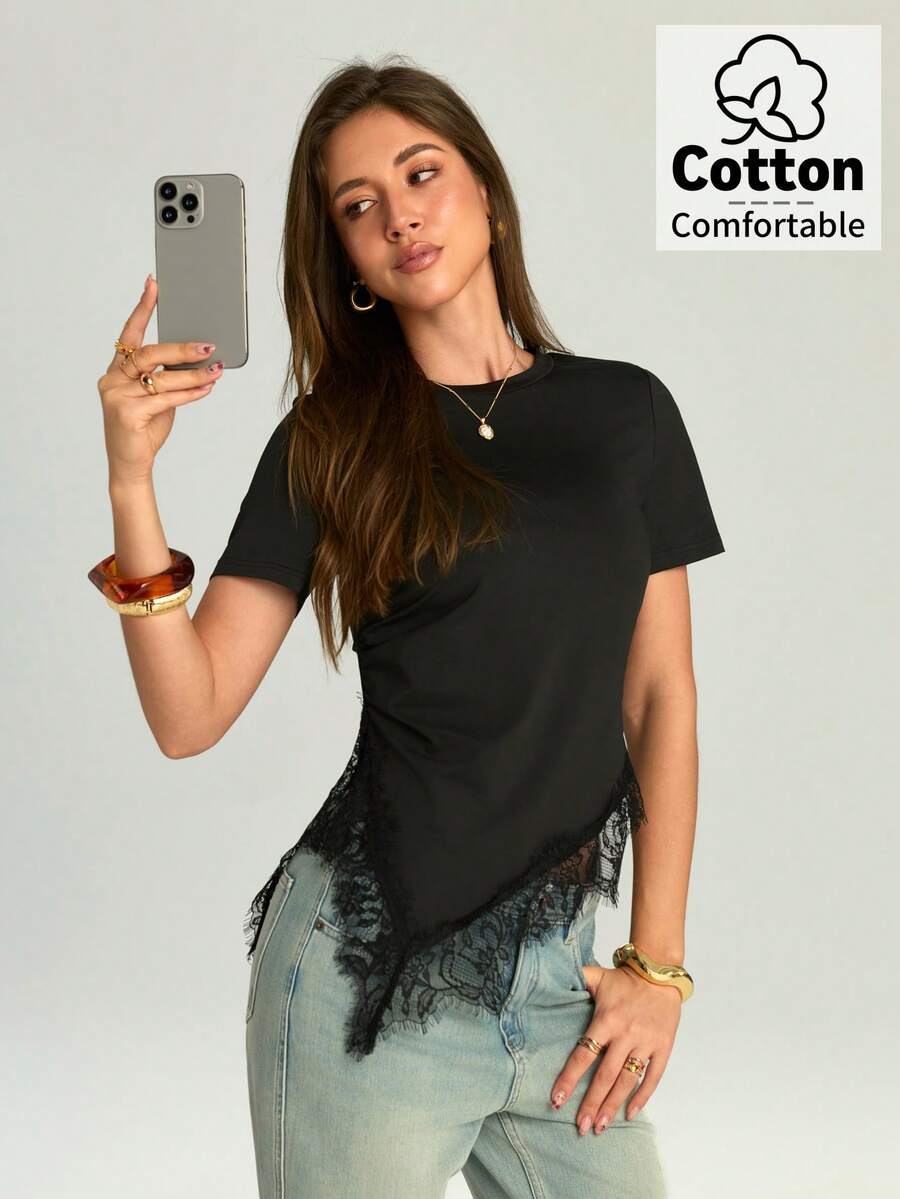 Firerie Women's Minimalist Elegant Casual Vacation Commute Slim Fit T-Shirt Top, Black Short Sleeve Waist-Cinching Asymmetrical Hem Lace Trim, Suitable For Vacation, Beach, Holiday Wear - Black - View 1