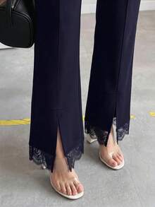 Editum 夏季優雅女款黑色開衩蕾絲拼接針織彈性高腰長褲內搭褲，通勤穿搭、辦公穿搭、約會穿搭，可搭配多款上衣的百搭長褲 - 藏蓝色 - 查看 5