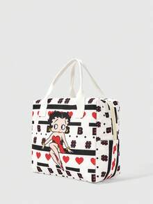 Betty Boop x SHEIN 白色愛心字母印花燈芯絨保溫便當袋 便攜手提保溫便當托特包 - 卡通-2 - 查看 3