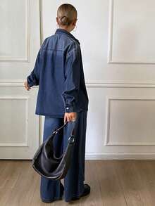 DAZY Women's Collared Shirt And Long Pants Casual Denim Set Fall - Medium Wash - View 4