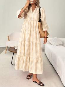 SHEIN LUNE 休閒鄉村風熱帶法式波希米亞女款秋季度假格紋海灘早午餐野餐洋裝 白色 - 卡其色 - 查看 5