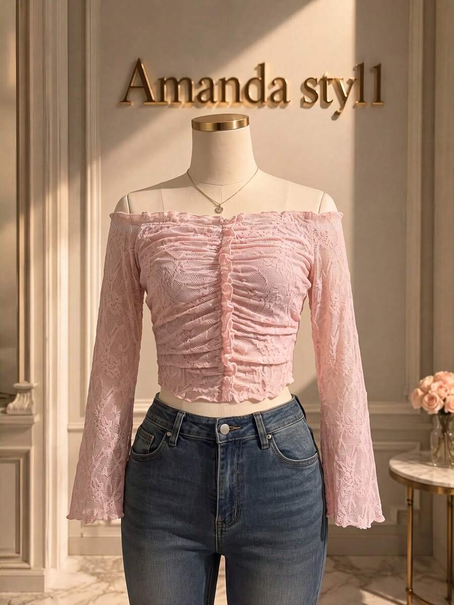 GlowEve Spring Summer Soft Lace Ruched Blouse, Frill Collar Pearl Button Flare Sleeve Slim Waist Streetwear - Baby Pink - View 1