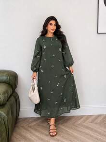 Solavon Plus Size Embroidered Fashion Vacation Dress, Pastoral Style, Versatile Green - Army Green - View 7
