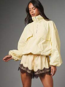 MISSGUIDED Satin Mini Shorts With Dark Brown Lace Trim Hem Drawstring Elastic Waist Luxe Slip Style Summer Festival Holiday Party - Yellow - View 4