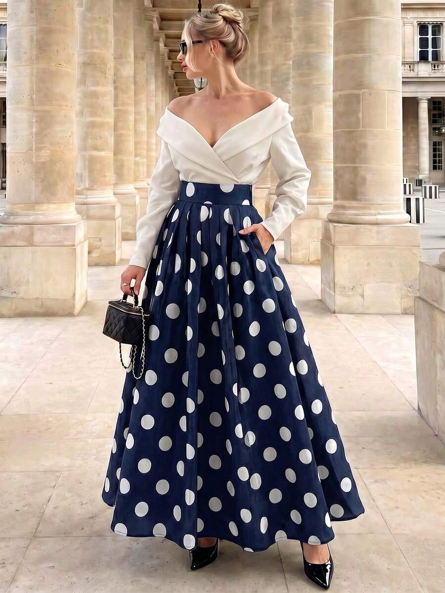 Anewsta Fall Classic 1960s Vintage Elegant Retro Polka Dot Holiday Party A-Line Skirt For Women Blue - Navy Blue - View 1