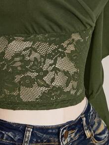 SHEIN ICON 女款法式蕾絲修身百褶甜美T恤 - 軍綠色 - 查看 5