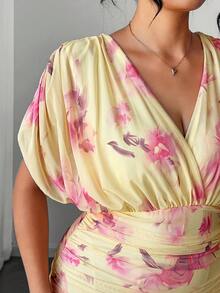 Elenzga Plus Size Summer Elegant Celestial Floral Print Dress Wedding Party Formal Yellow - Multicolor - View 8