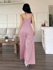 SHEIN Raffinéa 女士纯色褶皱阔腿优雅连体裤 - 粉色 - 查看 2