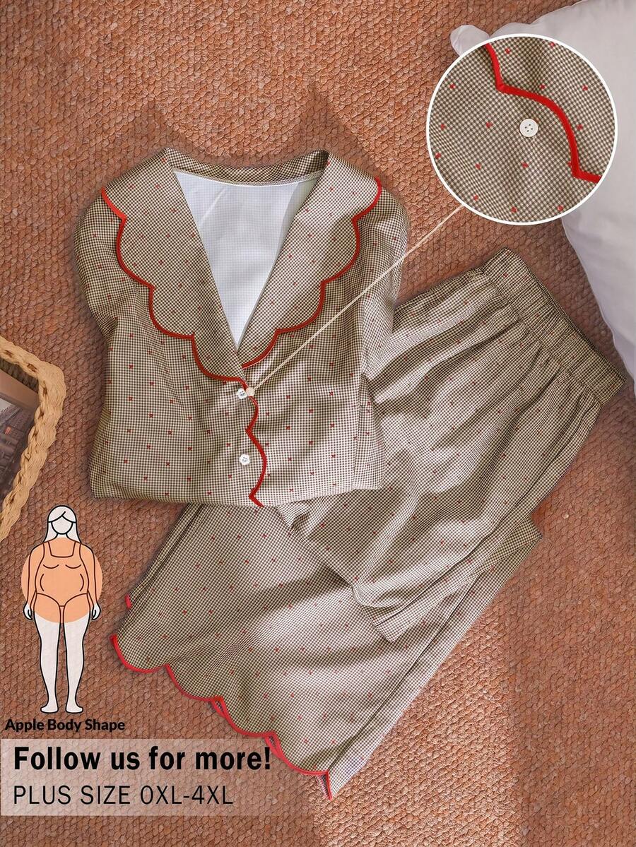 CosyJoli 大尺碼女款波點長袖上衣與長褲休閒日常兩件套秋季 - 棕色 - 查看 1